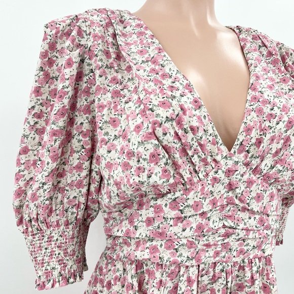 Lush Pink Floral Cottagecore Puff Sleeve V-Neck A-Line Dress Size Large - Picture 7 of 12